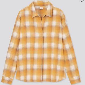 UNIQLO WOMEN FLANNEL CHECKED SKIPPER COLLAR LONG-SLEEVE SHIRT